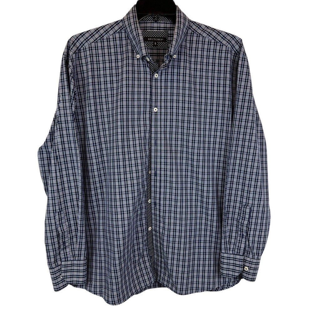 Britches Men's Blue Plaid Shirt Button Front w Contrast Collar & Cuff Size XL